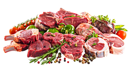 Assorted raw meat cuts with vegetables and herbs. Beef, lamb, and pork ready for cooking, perfect for BBQ or gourmet recipes.transparent, png,