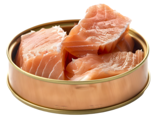 Close-up image of freshly cut raw salmon pieces in a golden can. Perfect for cooking and seafood-themed projects.transparent, png,