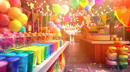 A picturesque scene of a rainbow-themed candy pop display at a pride festival, featuring bright, bold pop-art-style decorations and pride symbols. Background includes pride flags, balloons, and