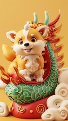 Obraz premium Adorable 3D Render of a Festive Dragon Boat Racing with Cute Dogs for Dragon Boat Festival - 4K HD Wallpaper，Dragon Boat Festival poster, 3d, animals, festive festival, cute puppy sitting on a dragon 