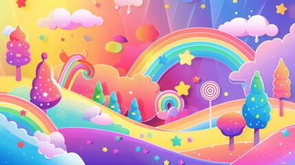 A whimsical pop-art-style illustration of a rainbow-colored candyland with LGBTQ+ pride symbols, set against a magical, fairy-tale background. Background includes candy trees, rainbows, and