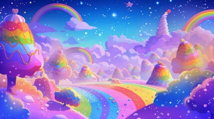 A whimsical pop-art-style illustration of a rainbow-colored candyland with LGBTQ+ pride symbols, set against a magical, fairy-tale background. Background includes candy trees, rainbows, and