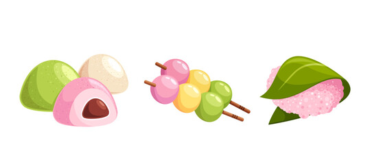 Traditional Japanese Sweets Including Colorful Mochi, Dango And Leaf-wrapped Sakuramochi Sweet