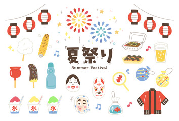 手書きで可愛い日本のお祭りの線画ベクターイラスト／夏祭り・縁日	