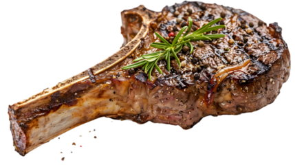 Delicious grilled ribeye steak garnished with fresh rosemary, perfect for gourmet cuisine and BBQ enthusiasts. Ideal for food and culinary photography.transparent, png,