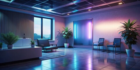 Bright reception and waiting room in a clinic with modern chairs, desk, plants, and mockup screen , clinic, reception, waiting room, bright, modern chairs, desk, plants, mockup screen