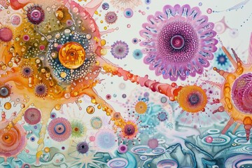 Serene watercolor scene of microorganisms floating in a droplet, highlighting their diverse forms