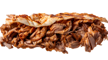 Delicious shredded beef sandwich with crispy grilled bread, perfect for a savory and satisfying meal or a mouthwatering food photograph.transparent, png,