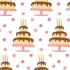 Birthday seamless pattern with 3 layers cakes and candles. Vector Holiday food illustration for birthday party isolated on white background. Perfect for wrapping, wallpaper, kids textile