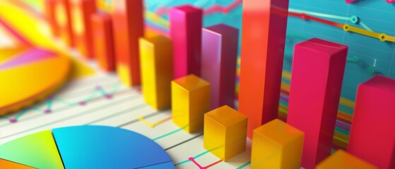 Dynamic Statistical Charts with Vibrant Paper Textures and Diverse Camera Angles for Creative Presentations.