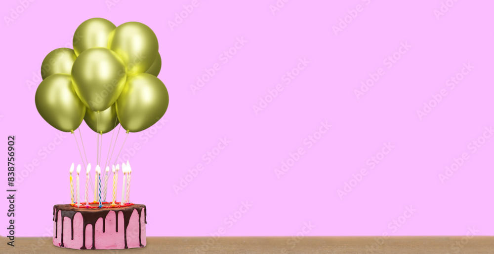 Poster birthday cake with bunch of golden balloons on pink background. empty space for text. 3d rendering