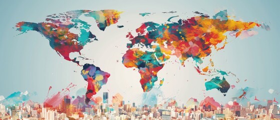 Naklejka premium Embracing Diversity Visualizing Global Aging Trends and Youth Empowerment Programs in Vibrant Colorful Perspectives with Annotative Spaces