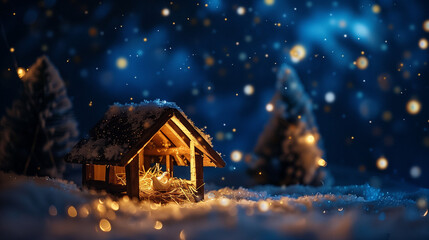 Nativity Scene - Birth Of Jesus Christ With Manger In Snowy Night And Starry Sky - Abstract Defocused Background 