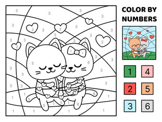 Color by number. Hugging cats in love. Coloring page. Game for kids. Kawaii, cartoon, vector