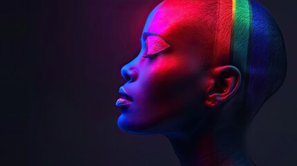 Woman's Face with Neon Lights and Colorful Stripes