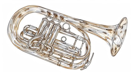 Tilted perspective of a tuba, hand-drawn with intricate doodle and sketch techniques, isolated white background, detailed lines and shading, whimsical and creative flair