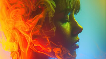 Woman's Face In Abstract Smoke and Colorful Light