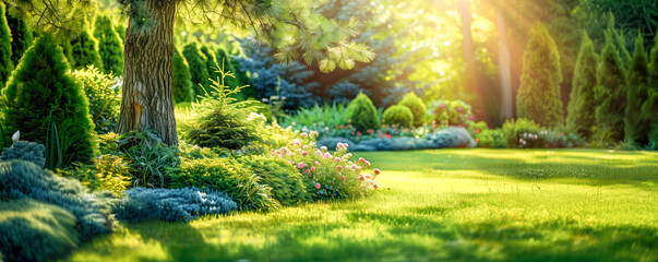 Obraz premium young oak tree in coniferous garden with beautiful conifers, thuja trees, rose bushes