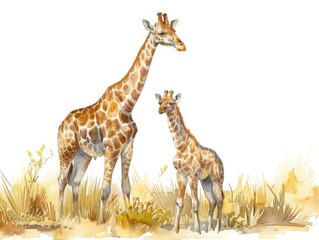 Obraz premium Two giraffes standing on the yellow grass field,watercolor painting