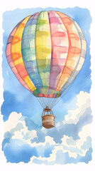 Fototapeta premium A colorful hot air balloon floats serenely through a summer sky filled with fluffy clouds
