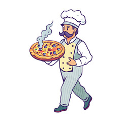 a logo of pizza Chef, a chef carrying pizza on his hand with steam on pizza, isolated on white background, flat 3 colors vector, futura challigraphia style