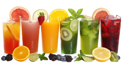 A row of six refreshing fruit drinks with various fruits, garnished with mint and citrus. Isolated on transparent background.