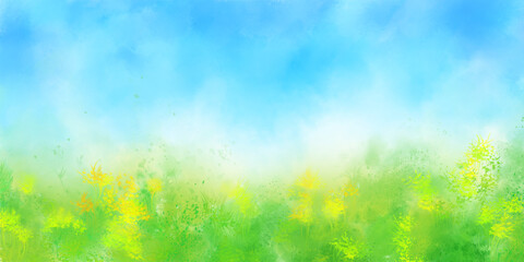 夏の青空と緑や花をイメージした抽象的な水彩背景イラストレーション