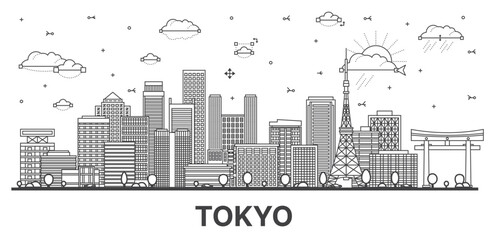 Outline Tokyo Japan city skyline with modern and historic buildings isolated on white. Tokyo cityscape with landmarks.
