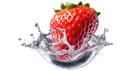 A ripe red strawberry splashes into clear water isolated on a white background