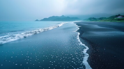 A serene beach with gentle waves lapping the shore, rain softly falling and merging with the sea