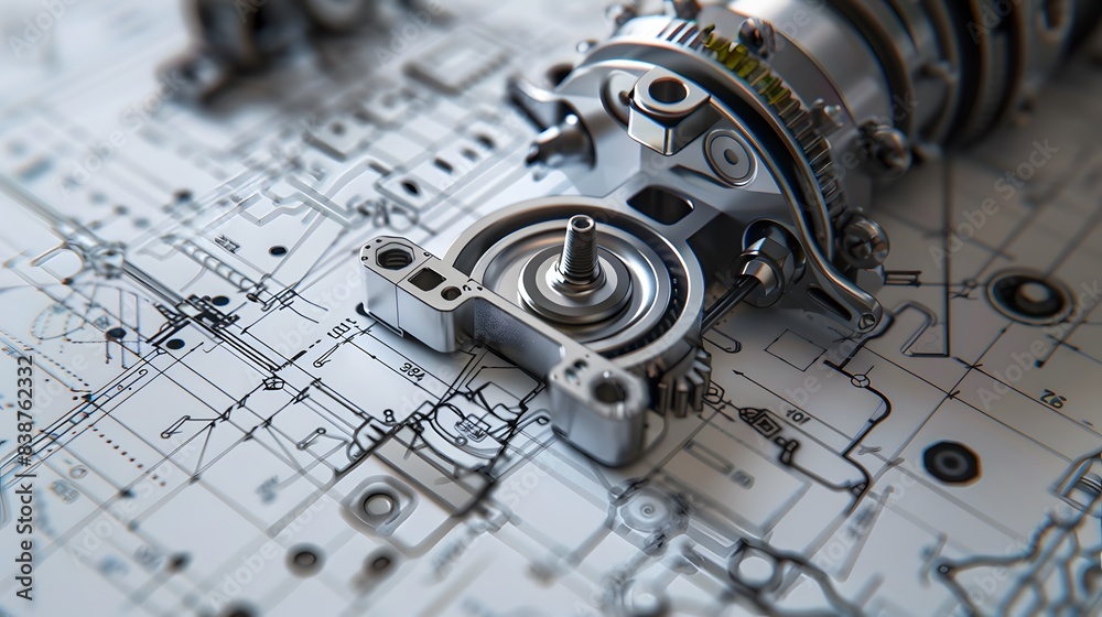 Poster a close-up view of a detailed mechanical component, with annotations and callouts highlighting speci
