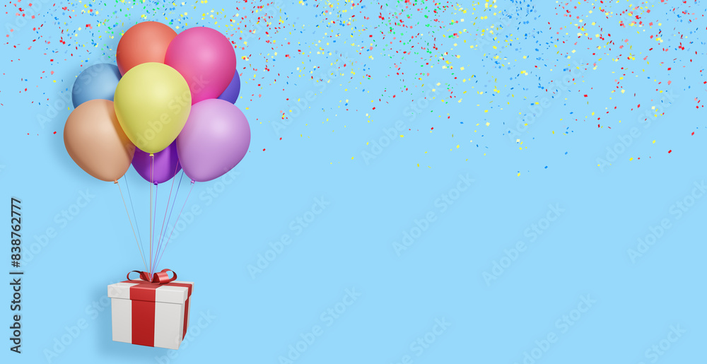 Aufkleber Flying gift box with multicolored balloons on red background with confetti. Empty space for text. 3d rendering