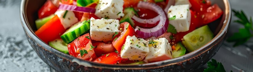 A fresh Greek salad with feta cheese, Greek flag, white background, bright colors