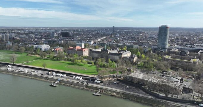 Dusseldorf is the capital of the German state of North Rhine-Westphalia located on the Rhine , just south of the Ruhr area. Urban city views.