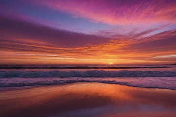 A serene sunset beach silhouetted against a sky painted in hues of orange, pink and purple