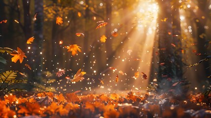 Fototapeta premium Sunlight Streaming Through Autumn Leaves in Forest. Sunbeams shining through the trees in an autumn forest with colorful leaves on the ground.