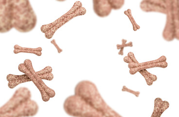 Flying and falling protein bones for dog, rawhide bone, dog biscuit against a white background with copy space