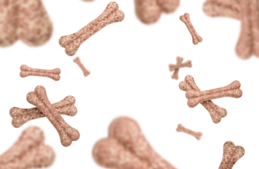 Flying and falling protein bones for dog, rawhide bone, dog biscuit against a white background with copy space