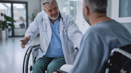 Fototapeta premium A doctor provides support and comfort to a worried patient in a wheelchair, conveying empathy and care in a hospital setting.