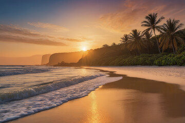 A serene sunset beach silhouetted against a sky painted in hues of orange, pink and purple