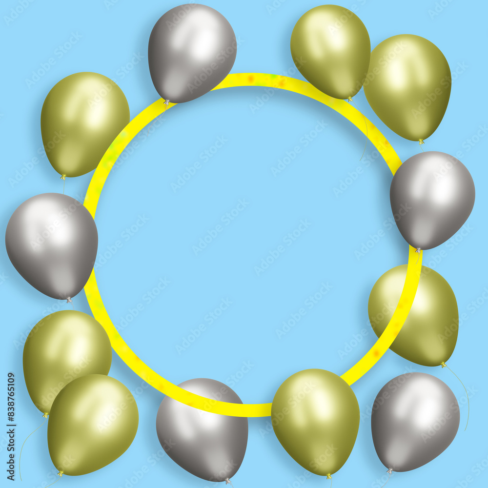 Poster Red round frame with gold and silver balloons on blue background. Empty space for text. 3d rendering