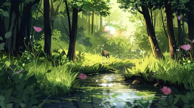 illustration landscape with sun rays through on tree. cartoon or anime style. 4k video animation background smoothly