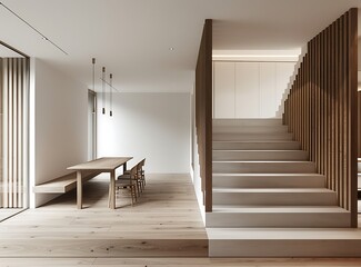 Modern dining room with a wooden staircase and white walls, simple home interior design of a modern living space in the style of a minimalist aesthetic