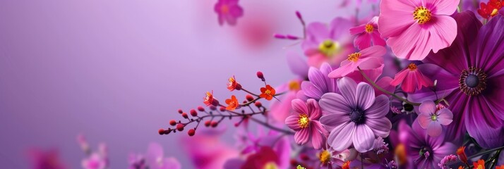 Naklejka premium Beautiful delicate purple flowers on a purple background. Abstract layout of a colored frame with space for text. An invitation to a wedding. The concept of International Women's Day, Mother's Day.