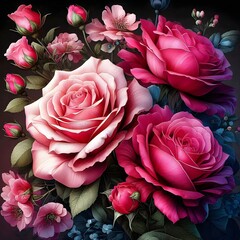 There is a painting of a bouquet of flowers with pink and red flowers.