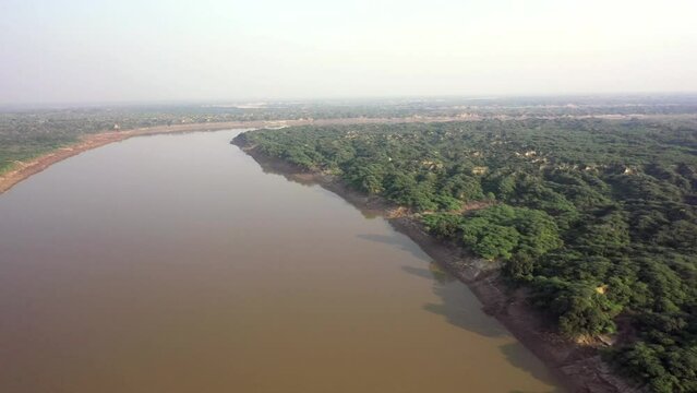 An Aerial shot of Chambal River at Madhya Pradesh, India 
