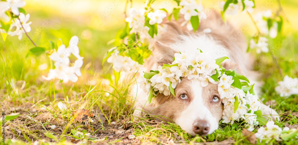 Poster portrait of a happy border collie puppy wearing wreath of apple blossoms at sunny spring park. empty