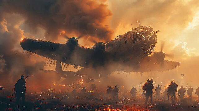 A burning airplane crashes to the ground as people watch in horror.  The sky is filled with smoke and flames.