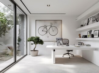 Modern home office with white walls, a minimalistic desk and a bike on the wall, a large window, a soft carpet floor, minimalist decor with posters and art in the style of various artists