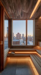 Obraz premium Modernist Commercial Sauna with Sweeping Cityscape View from Urban Rooftop Oasis